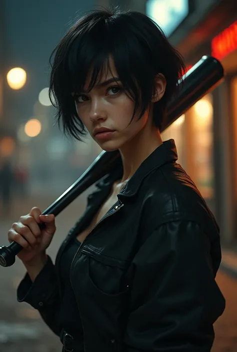 A female college student, age 20 with short black hair like a tomboy, wearing an outfit like a delinquent bully in the color black, excellent physique, brown eyes, having an angry yet calm scowl on her face while holding a metal baseball bat over her shoul...