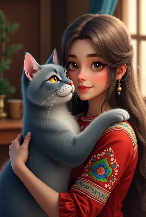 Russian blue cat with yellow eyes hugs a woman dressed in ukrainian style with brown eyes and hair and says merry Christmas in Ukraine 