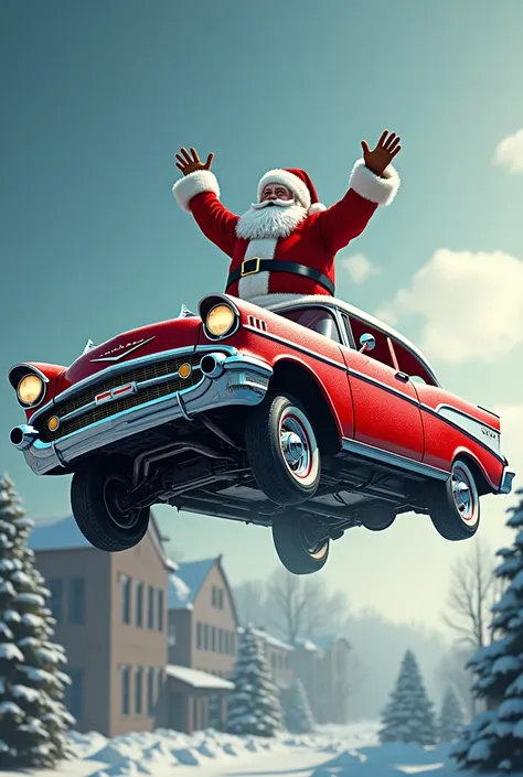 Santa sits on top of a 1957 Chevy car and pulls the car up into the sky.