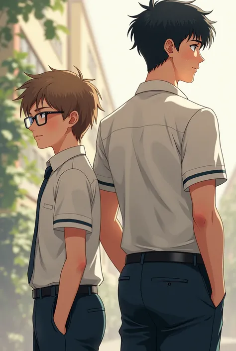 It generates an athletic boy with dark hair, pale skin on his back, a short boy with lenses and heterochromia and light brown hair, both wearing a school uniform, both wearing semirealistic school clothes.