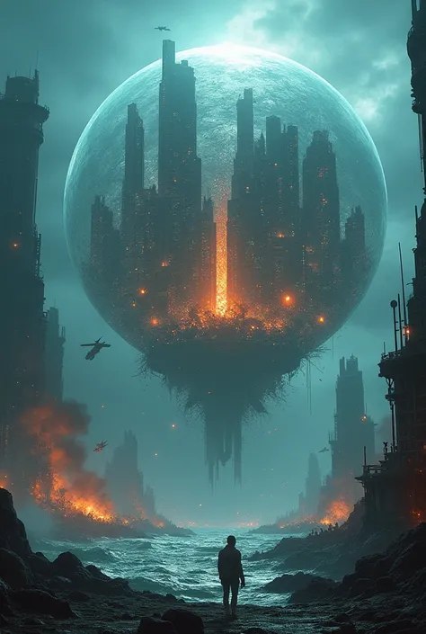 A space city in a crystal sphere plunges into the sea and shatters in fire.