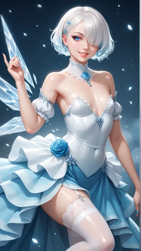 A hyper-realistic of a curvaceous and busty short haired woman with icy white hair with long bangs, hair over one eye, and pale, flawless skin. Her eyes are bright light blue, almost glowing, with digital patterns reflecting in them. Her lips are a glitter...