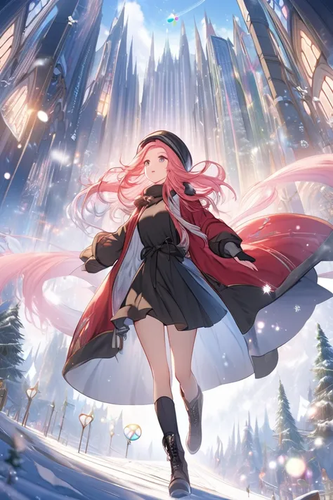  top quality , Super fine, 16k, 2.5D,  Delicate and Dynamic Depiction ,winter,walk, adult woman, red knit inner ,Black long coat , black miniskirt, long boots、 flying in the sky,pink long hair, makes a sacred sound with the singing voices of beautiful game...