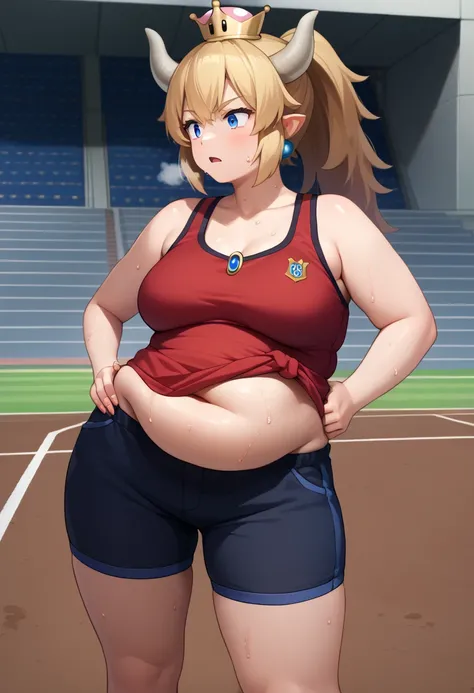 Bowsette,brown hair,blue eyes,blonde ponytail,small crown, number 8 red tanktop, black shorts, midriff, number 8, standing, sweaty, exhausted, hand on hips soccer field, science fiction, outdoors, (insanely detailed, masterpiece, best quality), sweating pr...