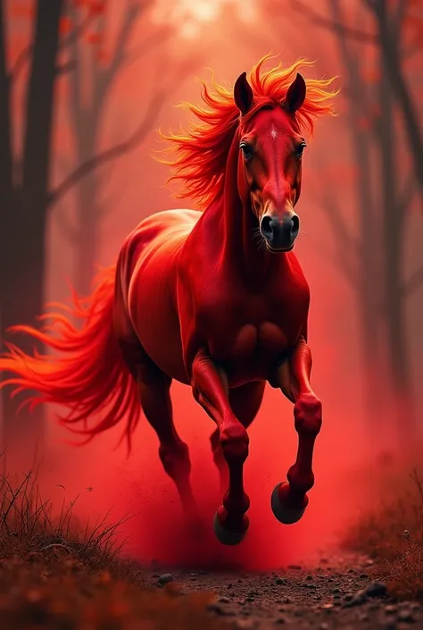 A red horse, its coat vibrant like ruby, runs wildly. Its muscles and form seem to disintegrate, blending into the equally red landscape, as if it were part of it, merging into the environment in a process of decomposition. However, its run does not cease....