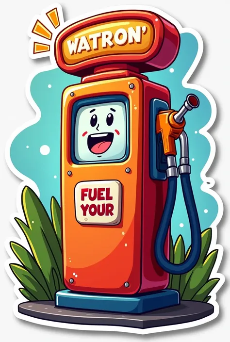 Generate a sticker with this idea; "Fuel Your Passion" with a gas pump icon. With cartoonist style 