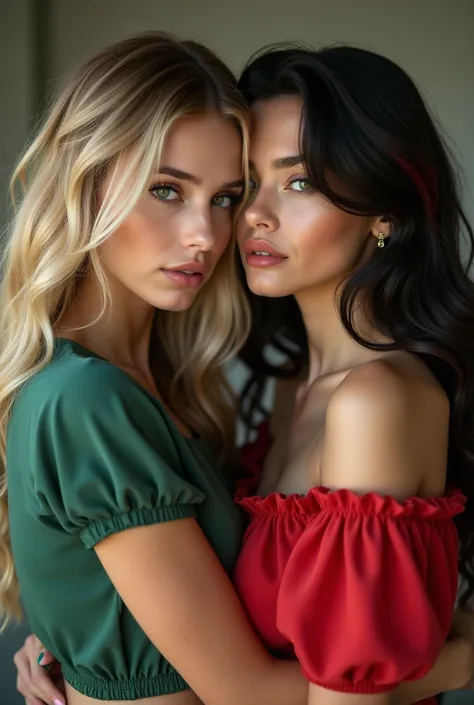 High resolution image, full body image, 35mm film effect, full body image, of two beautiful female models, mid 20s, full contact kissing with each other romantically and deeplyand sexually , one with long blonde hair and blue eyes with green highlights, lo...