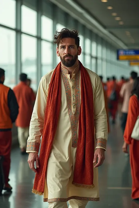 I want create messi figure while he arrives in calicut airport with wearing kurtha