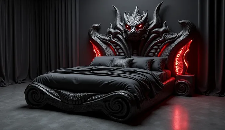 Bed Design: A king-sized bed with a dragon-head-shaped headboard, black sheets, and red glowing accents.