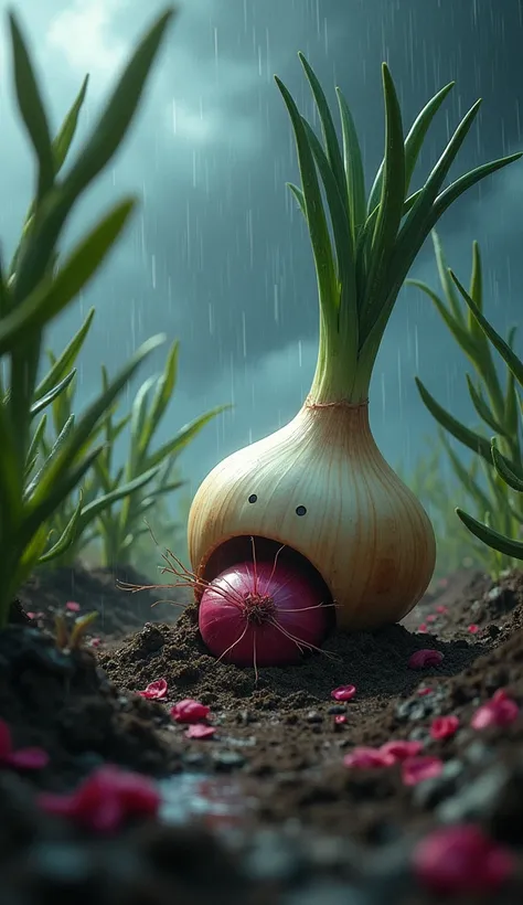 One day, a fierce storm swept through the garden. All the onions took shelter, but the White Onion refused to help the Red Onion, who was trapped in the soil.