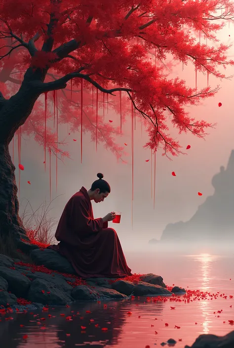 Red petals fall on the hem of a scholar drinking alcohol by the river, and red water drips