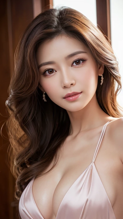 (best quality, masterpiece:1.2), ultra high res, raw photo, photorealistic, full color, Japanese, 1 woman, 65 years old, elegant face, realistic eyes, oblong face, small breasts, long hair, natural perm, formal dress