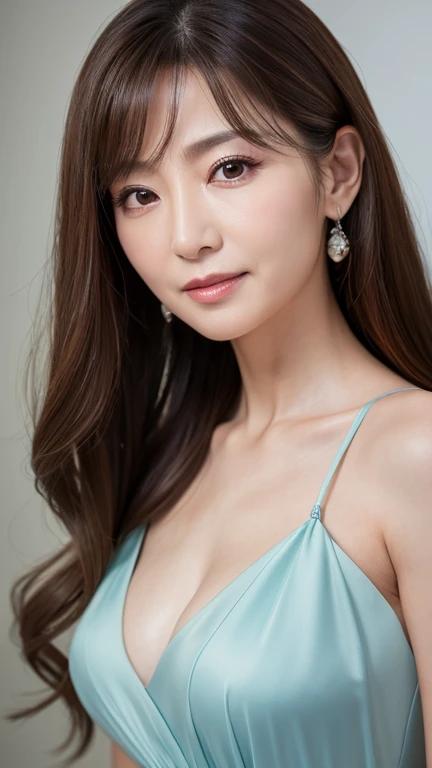 (best quality, masterpiece:1.2), ultra high res, raw photo, photorealistic, full color, Japanese, 1 woman, 65 years old, elegant face, realistic eyes, oblong face, small breasts, long hair, natural perm, formal dress