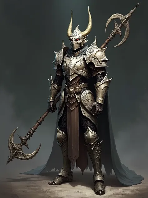 concept art design of armor set: made from dragon fangs, helmet, armor, glaive, shoes, details and Intricate