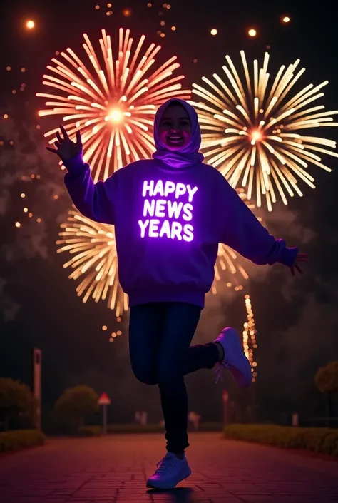 a Malay woman wearing a hijab Wearing white sneaker wearing a purple sweetshirt with the glowing text "Happy News Years 2025" in the background of the New Year celebration atmosphere, there are many explosions of fireworks in the air in the black night sky...