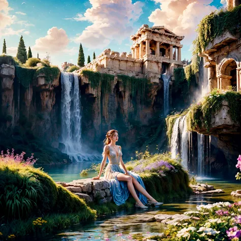 breathtaking (Small chest), sexy seductive pose, (mystical, fantasy greek mythology:1.4), (((Full-body portrait of girl relaxing in fantasy greek mythology fairytale dreamscape world))), (wearing white see through athenian goddess minidress), (modestly dre...