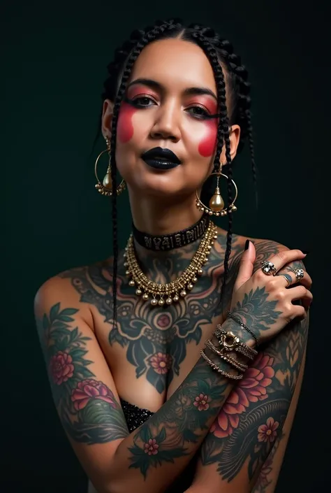 Arafed stunning matured Malay woman wearing batik sarung. Seductive sensual intimate pose. Creates a tattoo on a womans left and right arm, tattoo on her tits. A large peony climbing up the neck and never, descending a wayang kulit tattoo in large black wo...