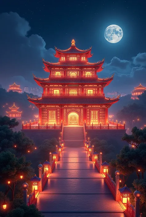 Luxurious Chinese-style temple. at night, there should be lots of lights. The image should be bright and rich in colors