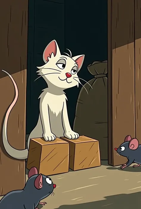 A strategic scene where Billu, the white cat, uses her paws to knock over small wooden blocks and sacks to block the exits of the warehouse. The rats are seen scurrying, realizing their escape routes are closing."