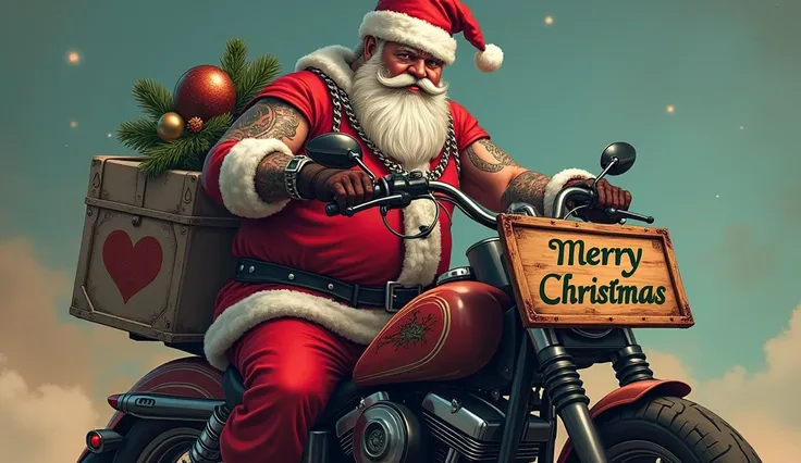 Père Noël badass, tatoué,  avec une moto décorée de Noël.  Pancarte "Merry Christmas".  