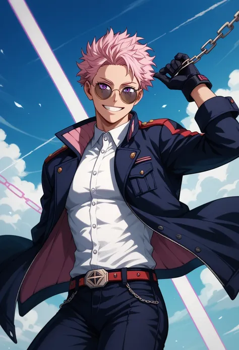  white male, athletic build, slight tan, pink colored very short messy hair with tapered fade, purple eyes, round sunglasses, slight smile, thin chains as his weapon, wearing black hero suit with short jacket, shirt, full gloves, combat pants, my hero acad...