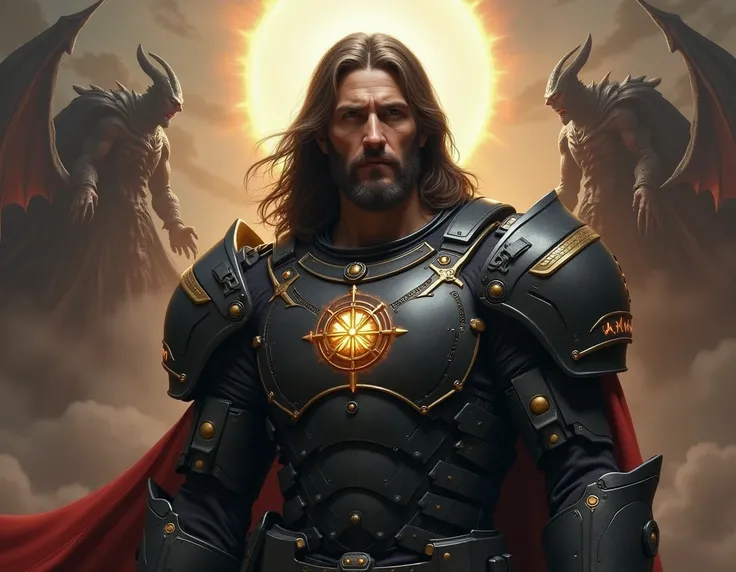 Picture Jesus Christ in full modern battle armor with a spiritualized but masculine face. Demon s lying in the background.