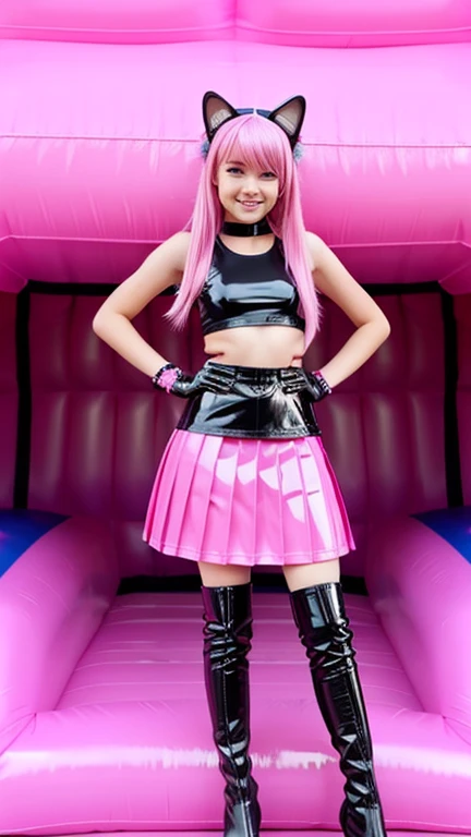  teenager with pink hair, slim model, Latex top pink ,  pleats latex skirt pink,  latex arm warmer ,  knee-high latex boots, Cat ears, bouncy castle  ,  realistic ,  arms scares  