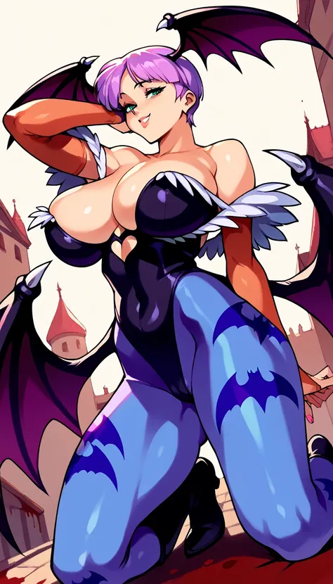 score_9, score_8_up, score_7_up, score_6_up, score_5_up, score_4_up, (source_anime), 1girl, Morrigan Aensland, skinny, pale skin, (huge breasts), happy, short hair, bare shoulders, pink hair, purple hair, pantyhose, wings, pink eyes, nail polish, leotard, ...