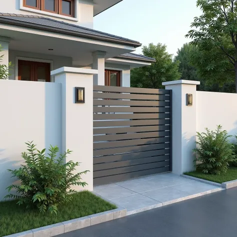 Minimalist and modern fence design with a sleek structure. The fence structure combines hollow steel beams and metal plates for added strength and a contemporary aesthetic. Ensure the background features a couple’s home, with the fence as the main focal po...