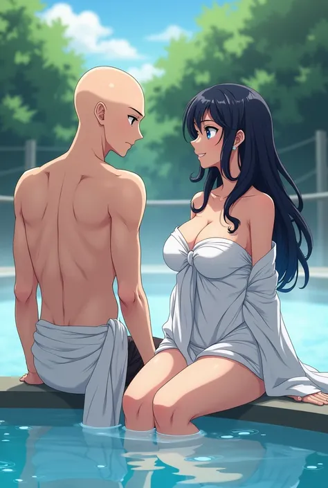 Anime, bald, blue eyes, thin tone body, male, wearing towel on his waistline and dark wavy long hair with bangs, blue eyes, big breast, hourglass figure, wearing a towel on her body, both are sitting at the edge of hot spring Bath, talking, facing the view...