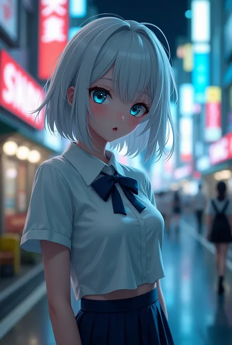 (8k, RAW photo, masterpiece:1.3), (realistic, photo-realistic:1.37), (night), (looking at viewer:1.331), (white hair), posing, Tokyo street, nightcityscape, cyberpunk city, soft light, 1girl, extremely beautiful face, bust, put down hands, Random hairstyle...