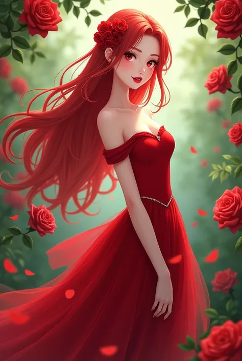 Anime princess, white skin, bright red long hair, red eyes, wearing a red dress, red mouth, in a rose garden.