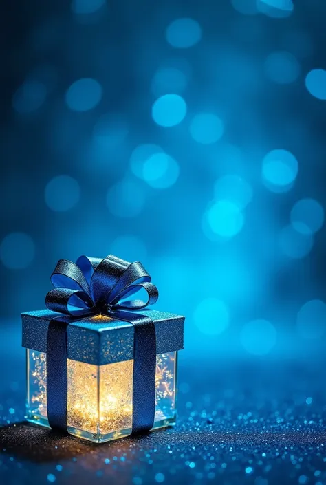 
"A glowing blue gift box placed in the left panel against a sparkling blue glitter background. The box has a transparent design with warm yellow light emanating from within, creating a radiant effect. It is wrapped with glossy blue ribbon and topped with ...