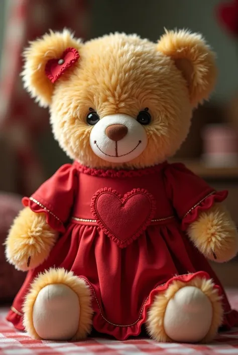 Teddy bear with a red heart dressin in red frock 