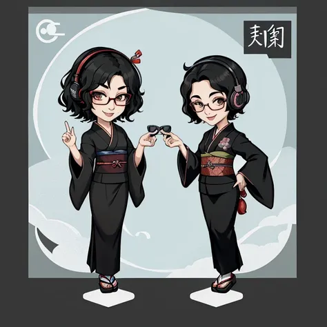 Japanese boy wearing black suit and Japanese girl wearing black Japanese-kimono, one person, black wavy hair, semi-short hair, wearing glasses, Front facing, gaming headset, full body image, icon, smiling, chibi, kawaii