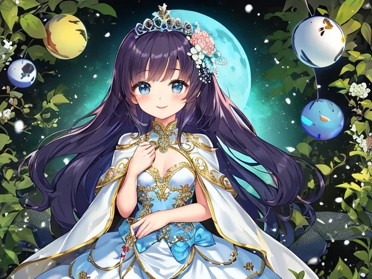 (solo), focus on character, kawaii, masterpiece, best quality, ultra detailed face, (rococo style gown), (long train deep blue cape:1.15), (long train white ball gown:1.1), wide flared skirt, gown with flower decorations, (a girl is wearing a long cape ove...