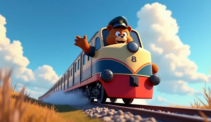 The train speeds up, rolling under a bright blue sky with fluffy white clouds. The bear conductor smiles and waves. 3D Disney Pixar Style