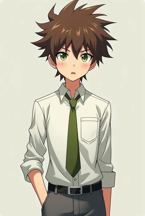 An anime high schooler in white shirt olive green necktie grey pants brown spiked hair with ahong olive green eyes Danganronpa style