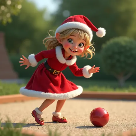 Can you create a photo of a young girl dressed as Mrs. Claus, in a leaning position, about to throw a pétanque ball on a pétanque court?