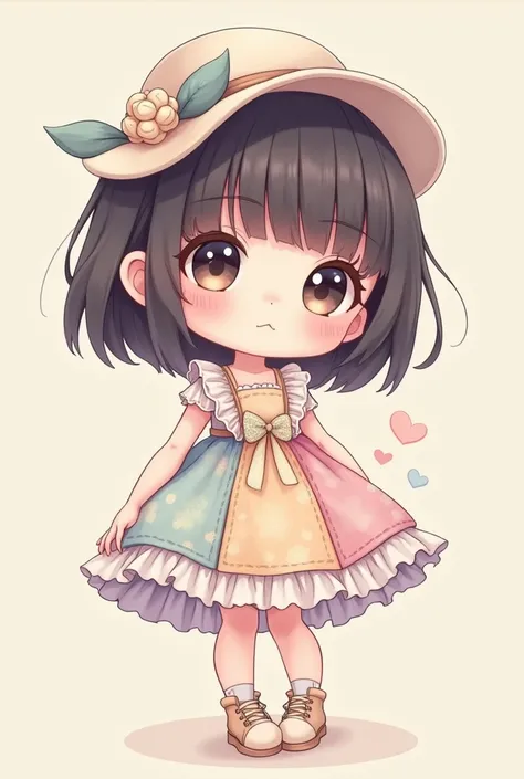  high image quality、Ultra delicate、patchwork fabric、 cute dress 、Girl with big eyes 、Chibi、 pastel color