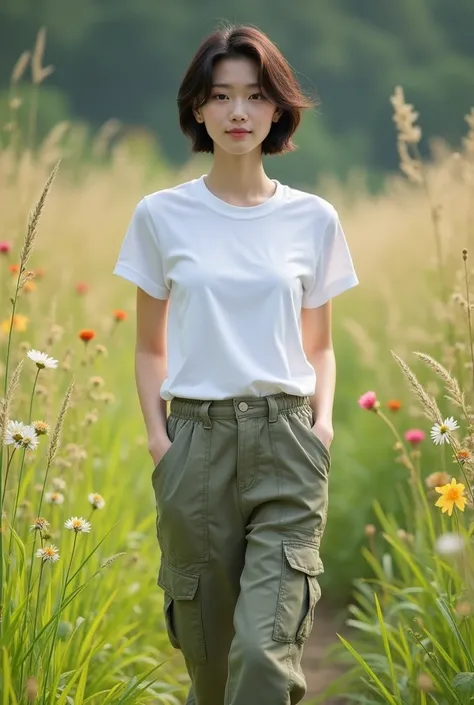 Asian Women Short Hair Model Polwan Wearing White T-Shirt Pants Cargo Walking Background High Grass There Are Flowers Flowers 