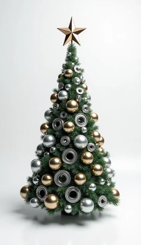 "Create a hyper-realistic 3D New Year-themed story post design for 2025. The centerpiece is a Christmas tree constructed entirely from ball bearings and roller bearings. The trees structure should resemble a classic Christmas tree shape, with larger bearin...