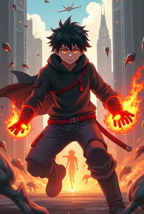 Anime teenage boy, black hair, thick black hoodie, red and black gloves, red eyes, flame powers, school boy, flaming knight armor, in combat with aliens,scifi setting