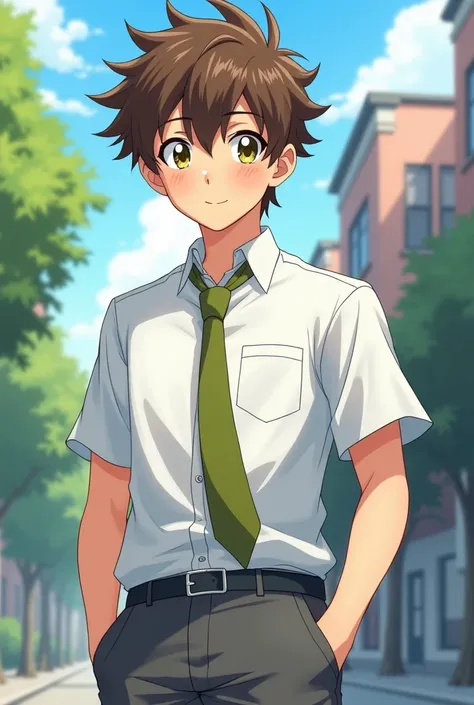 An anime high schooler in white shirt olive green necktie grey pants brown slightly spiked hair with ahong olive green eyes. 