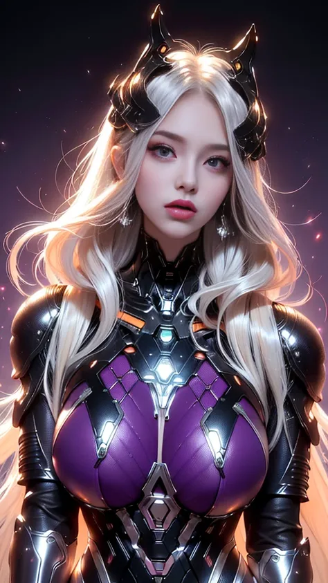 (masterpiece), best quality, expressive eyes, perfect face, beautiful round eyes, full body, A beautiful mature woman in cyber armour suit, shows her Extremely busty and attractive breasts, (Glowing crystals on hand), (arrogant face), (platinum blonde hair...