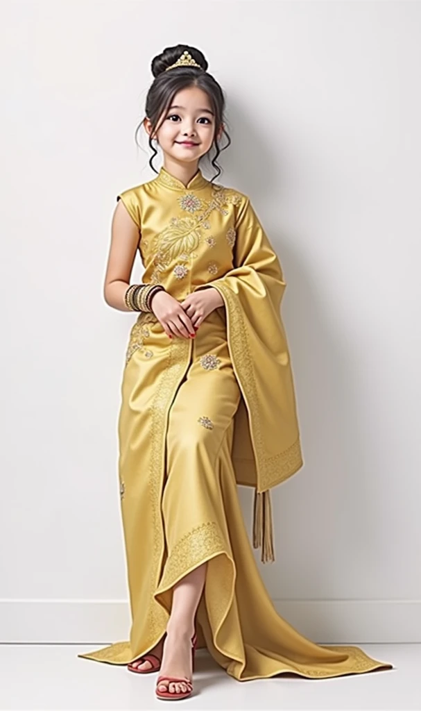 Chibi, girl,  Wearing a gold Thai national costume, Sit Hi  ,  white background , SD cartoon 