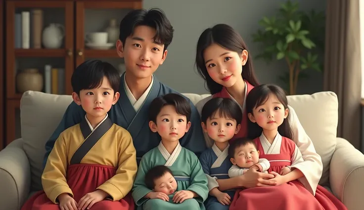 "A family portrait in a cozy living room, with seven siblings dressed in traditional Korean hanbok. The mother and father sit together, surrounded by their ren: a  boy, a 15-year-old boy, a  girl, a  boy, a  boy, a   in the mothers arms, and a baby. The re...