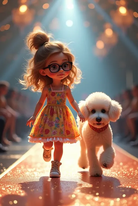  Baby girl  wearing a cute deress,walks with a large poodle wearing a white scarf, wears glasses on the stage of a fashion show ,glittering light background ,realistic image,HD quality,full anggle