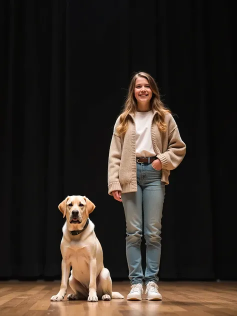 a real life picture of a teenager standing on a stage with a cute labrador dog next to her. fullbody picture