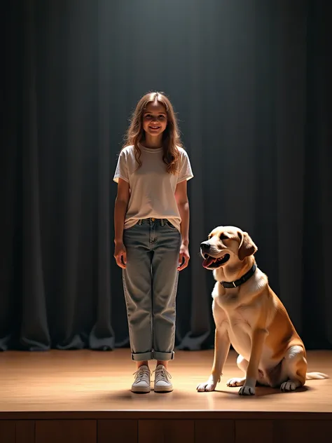 a real life picture of a teenager standing on a stage with a cute labrador dog next to her. fullbody picture